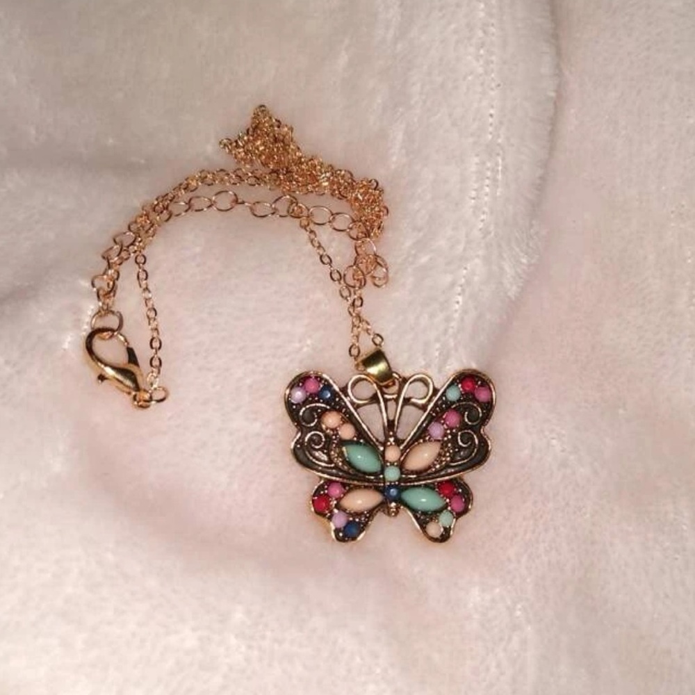 Vintage Multi-Turquoise Butterfly Gold Over Sterling Silver 4.00 ctw Necklace - Picture 6 of 12